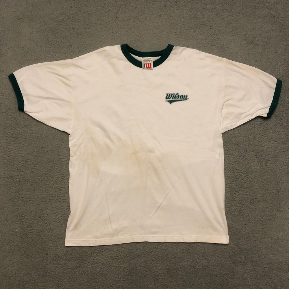 90s Vtg Wilson Ringer T Shirt XL White Green Single Stitch Sportswear Mens Tee